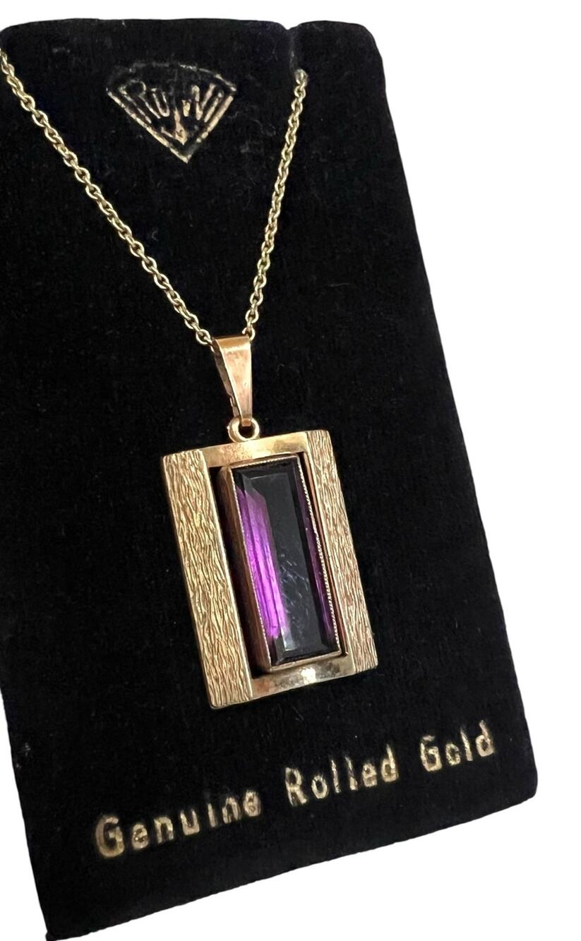 Vintage Rodi & Wienenberger Floralia Necklace Rolled Gold w/ Purple Glass Stone